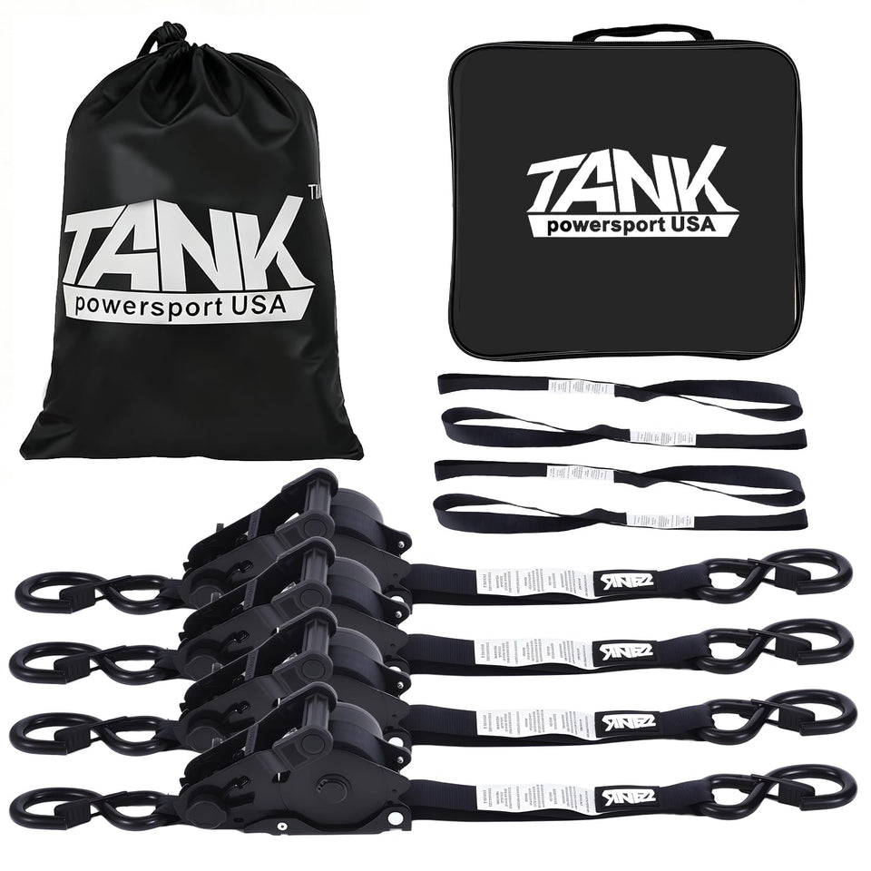 TankPower 1800lb retractable strap four-pack demonstrating secure transport features