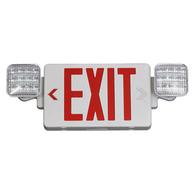 TANLUX red exit sign with emergency light, front view, highly visible up to 100 feet for clear egress.