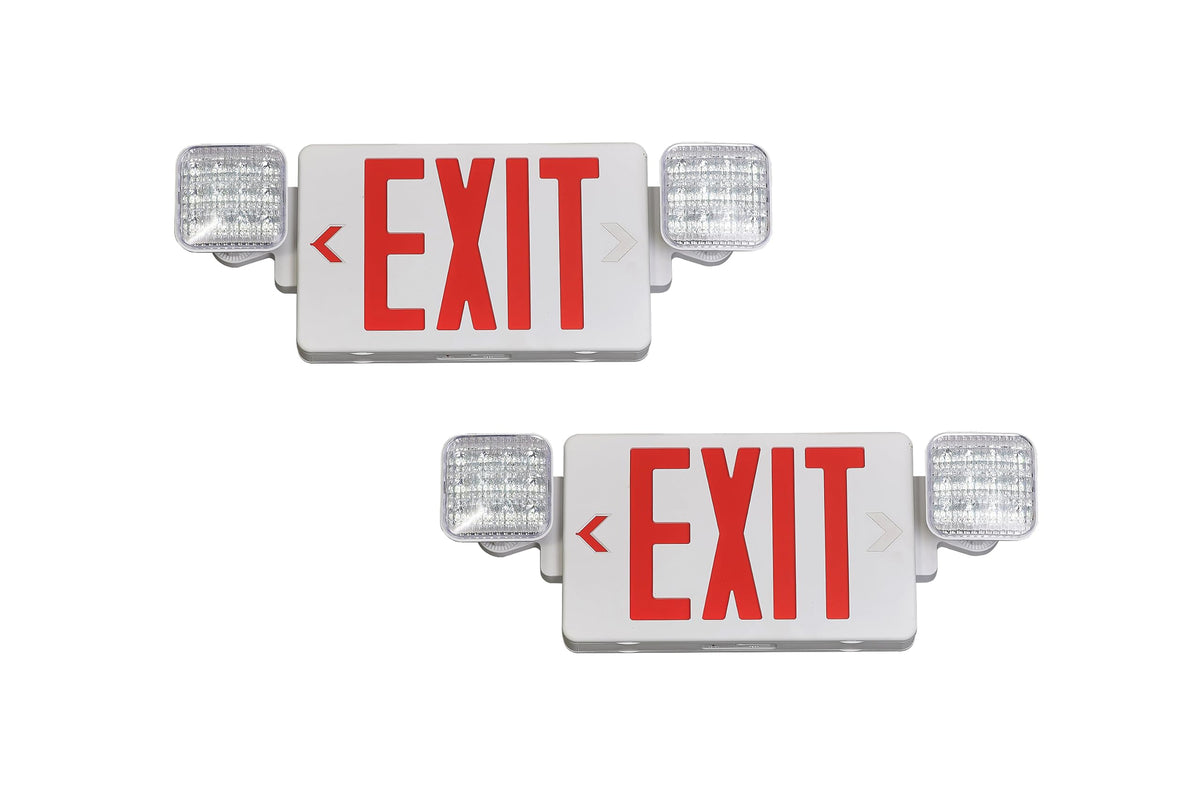 TANLUX red exit sign with emergency lights, highly visible up to 100 feet.