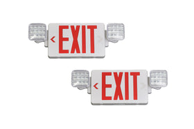 TANLUX red exit sign with emergency lights, highly visible up to 100 feet.