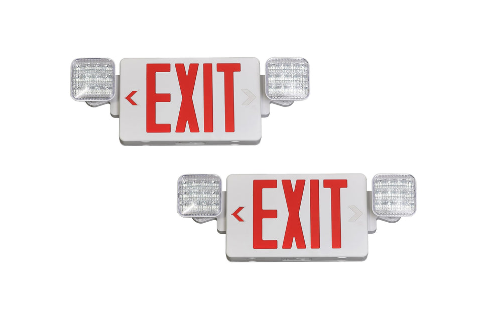 TANLUX red exit sign with emergency lights, highly visible up to 100 feet.