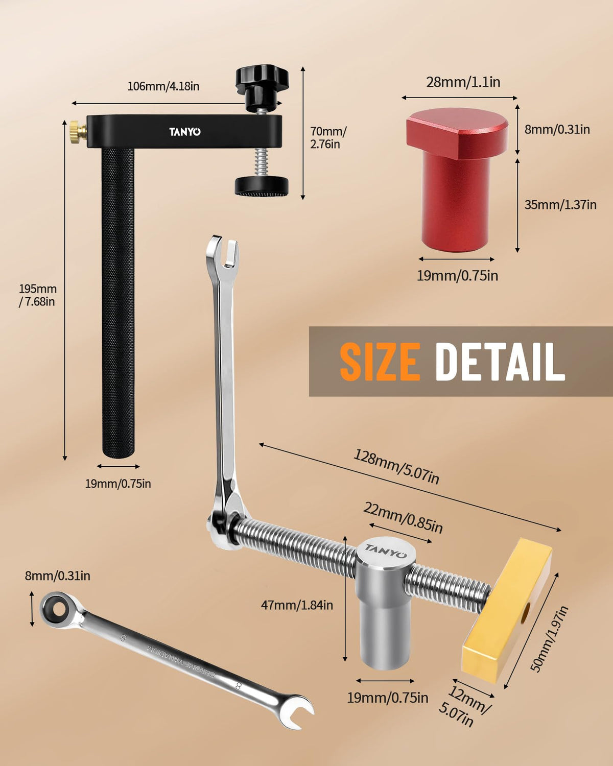 TANYO Bench Dogs Clamp Set four clamps ready on a workbench.