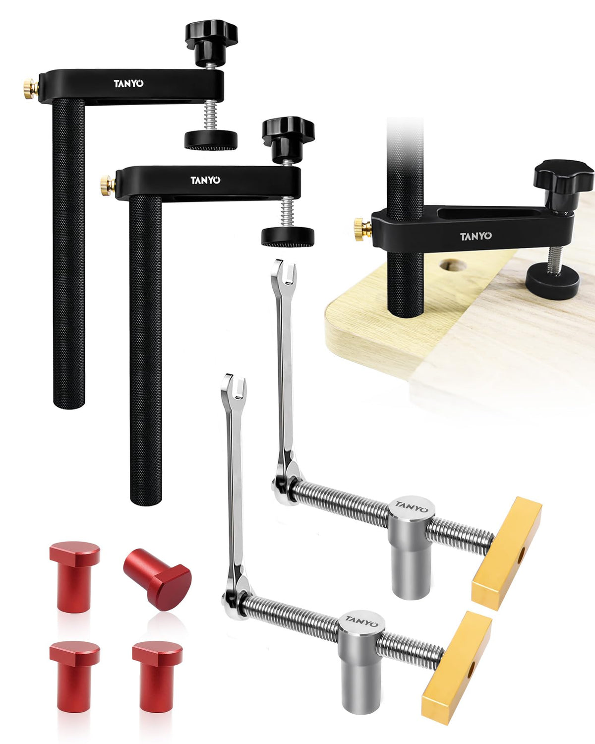 TANYO Bench Dogs Clamp Set side view showing sturdy clamping.
