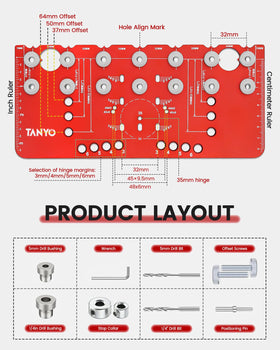 TANYO dowel pin guide enables continuous shelf hole drilling with ease.