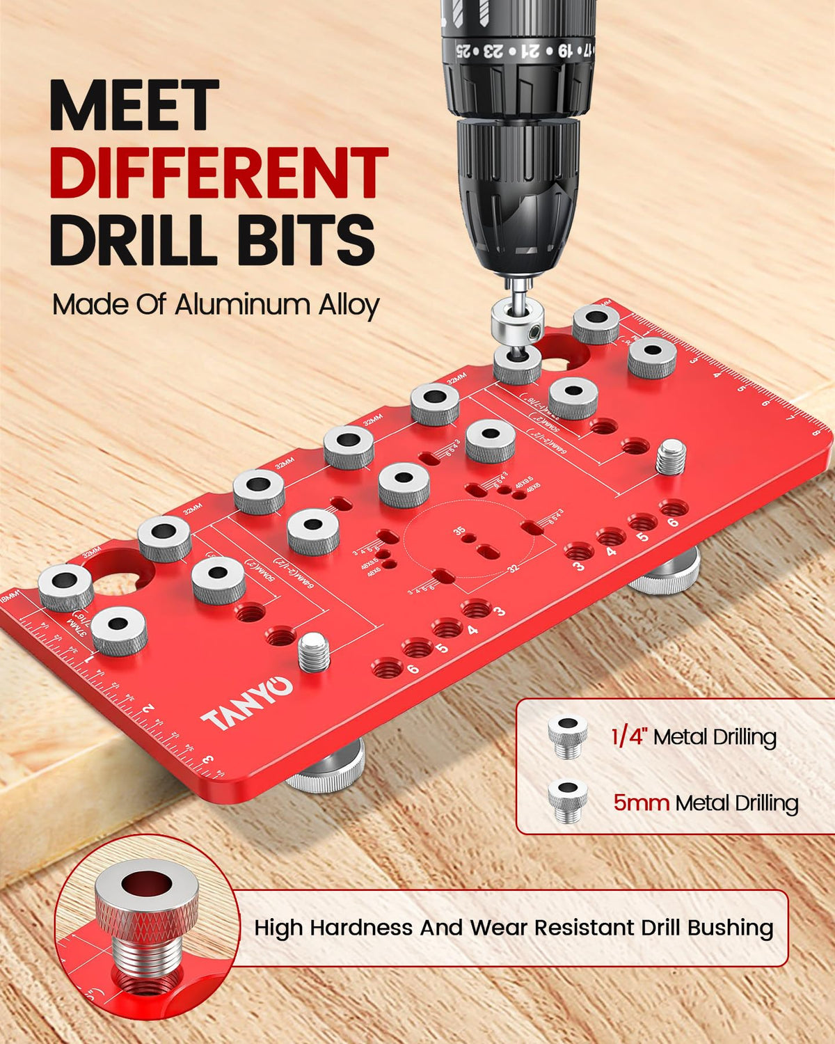 TANYO hinge jig 35mm module enables accurate hinge alignment for kitchen cabinets.