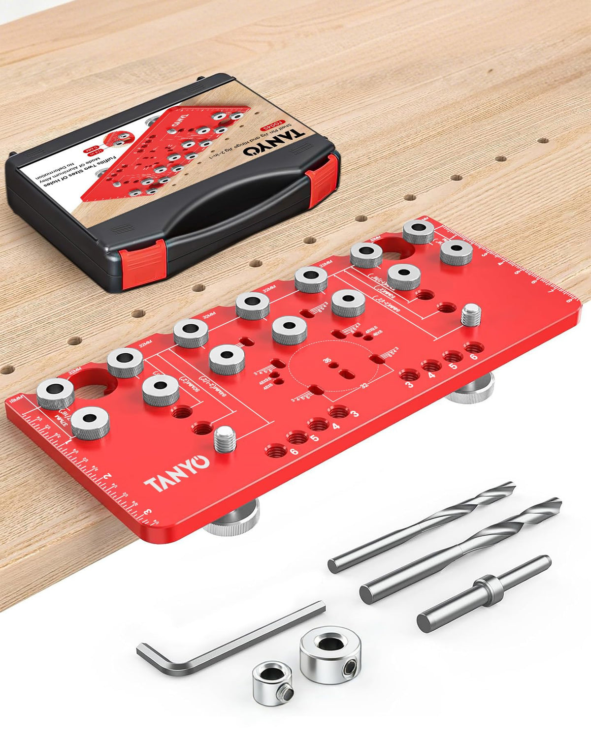 TANYO shelf pin jig with durable aluminum body for precise cabinet drilling.