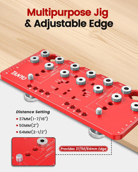 TANYO shelf pin jig includes removable drill sleeves for 1/4" and 5mm holes.