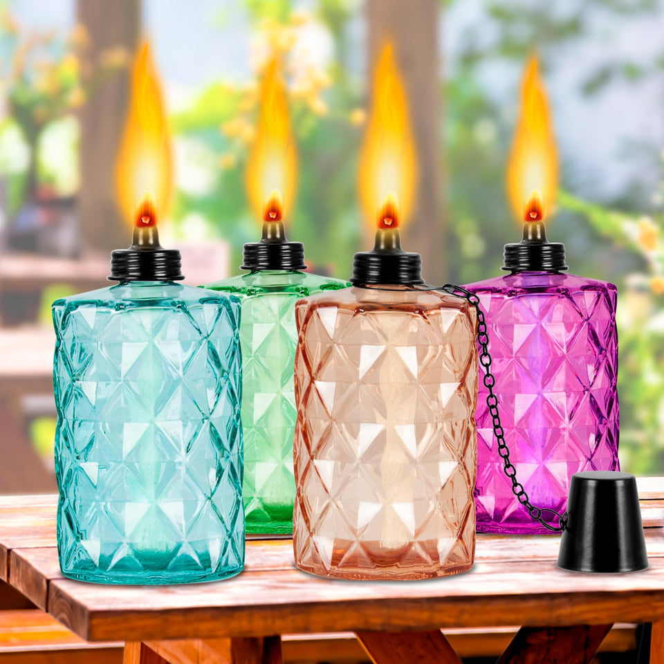 TaoTazon glass table top torch kit in multiple colors creates stylish outdoor ambiance.