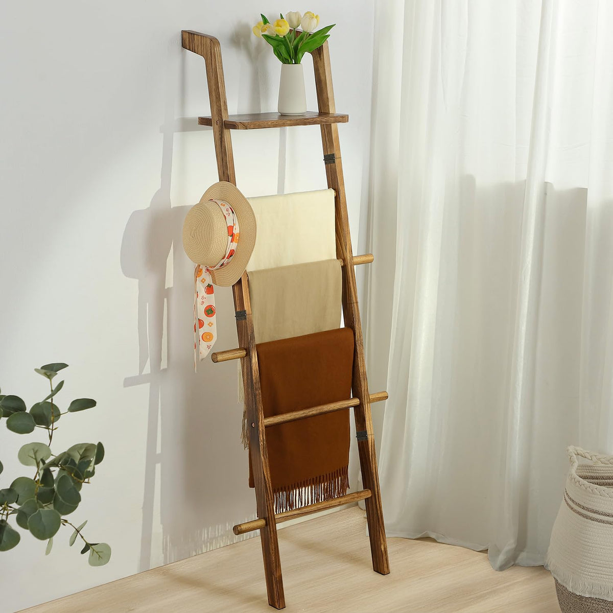 Taozun 67-inch wooden blanket ladder in assembly keeps blankets neatly organized
