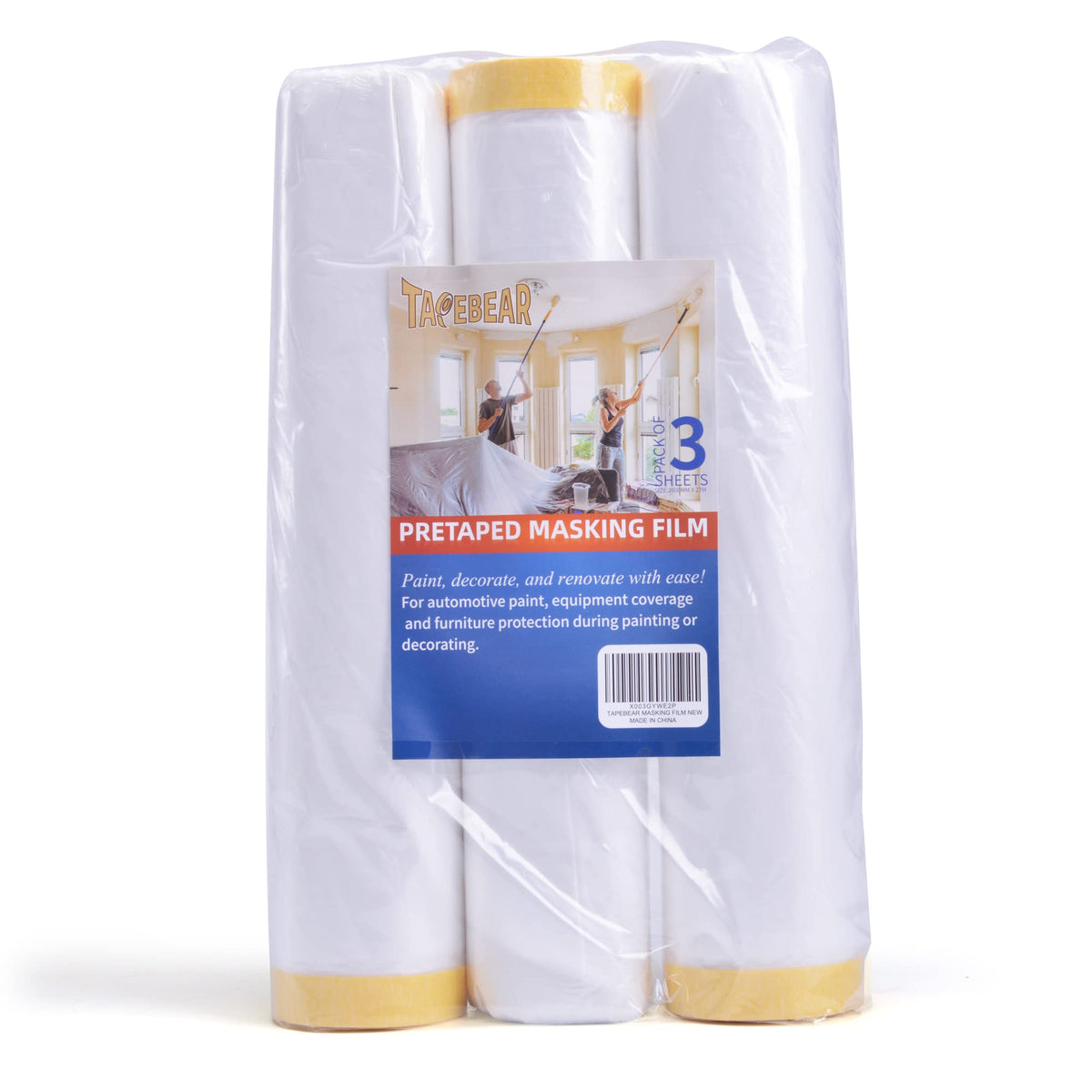 TAPEBEAR masking film roll unfolding to cover surfaces during painting