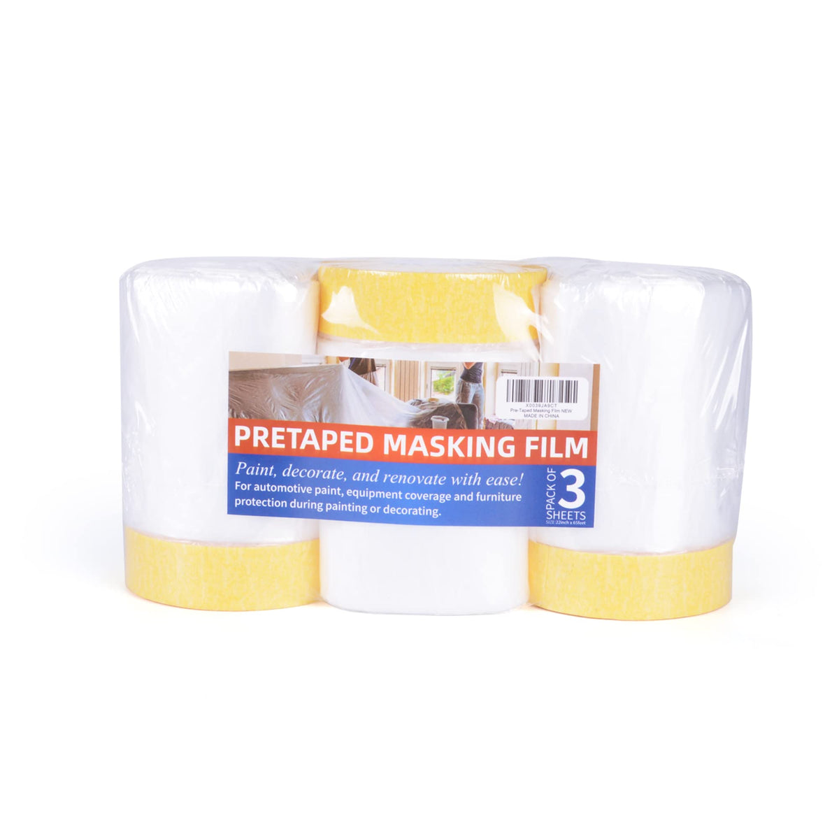 TAPEBEAR pre-taped masking film roll protects surfaces during painting projects.