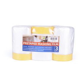 TAPEBEAR pre-taped masking film roll protects surfaces during painting projects.