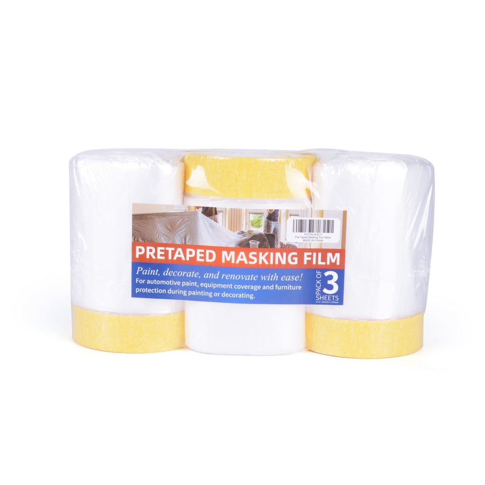 TAPEBEAR pre-taped masking film roll protects surfaces during painting projects.