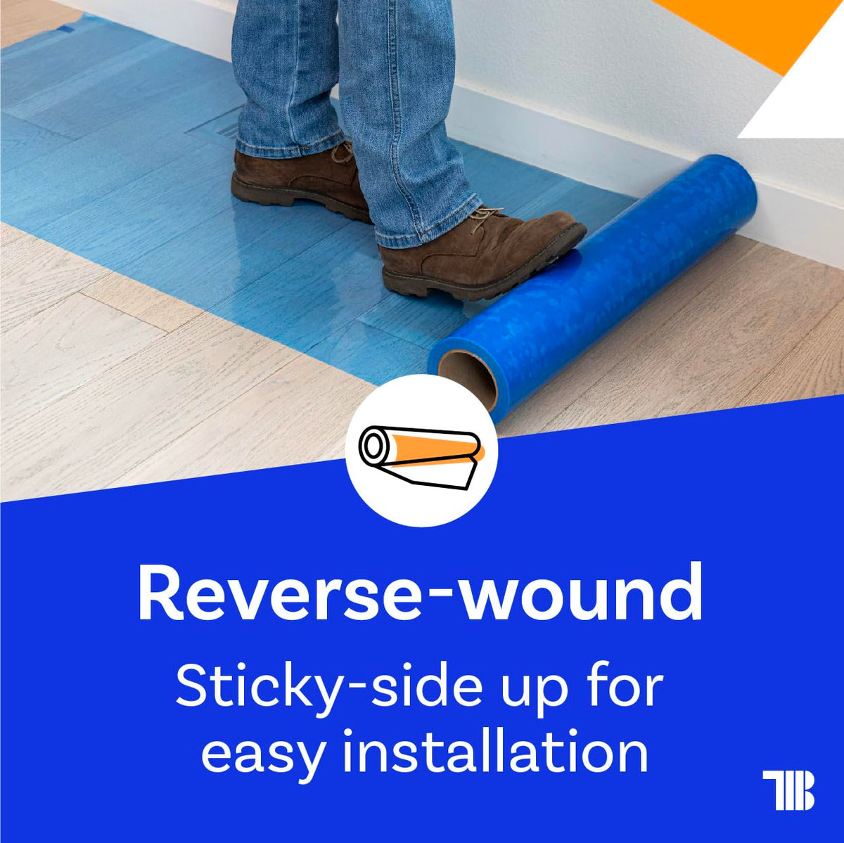 Blue TapeManBlue protective film showing tear resistance on a busy job site