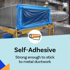 TapeManBlue duct protection film applied on open duct to prevent contamination.