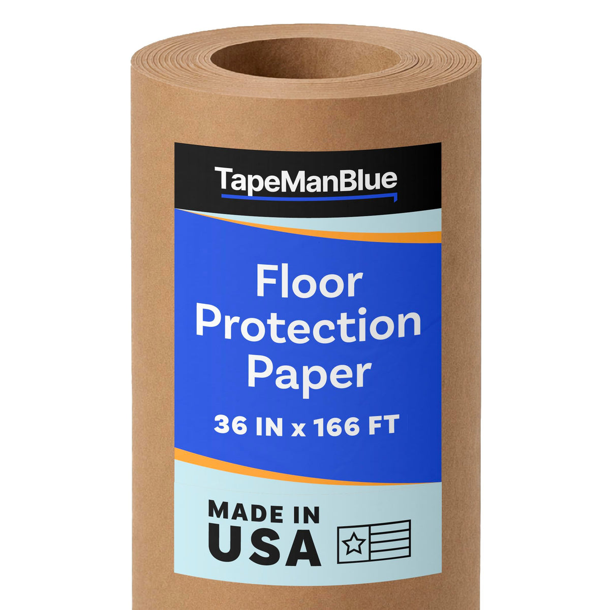 TapeManBlue floor protection paper roll, wide 36-inch sheet for covering large surfaces during painting.