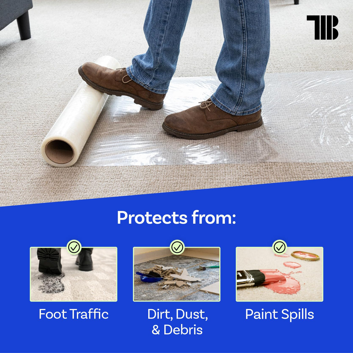 TapemanBlue protective film covering carpet in a renovation project.