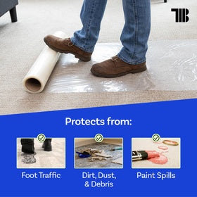 TapemanBlue protective film covering carpet in a renovation project.