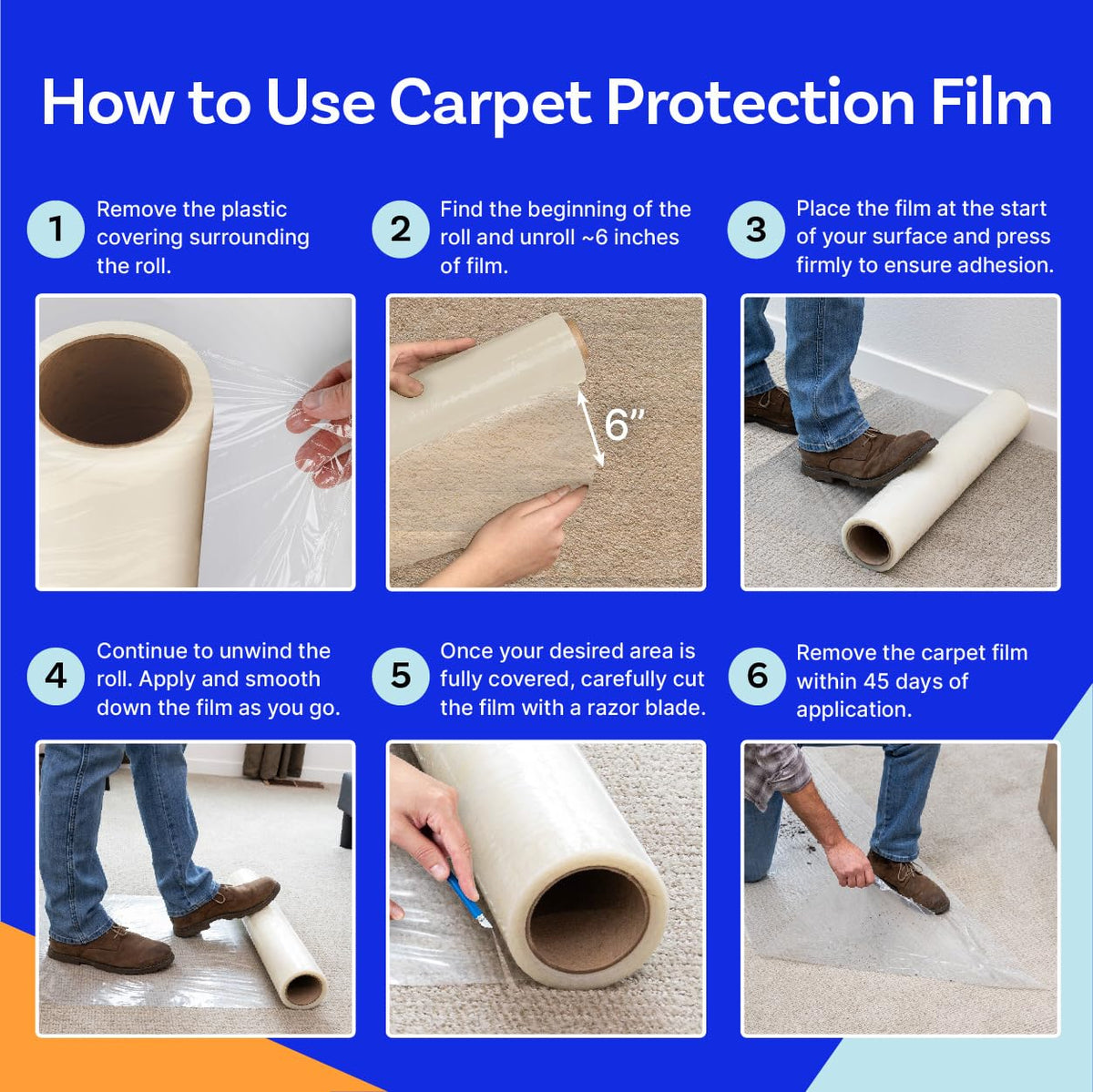 TapeManBlue self-adhesive carpet protector shown in installation setup