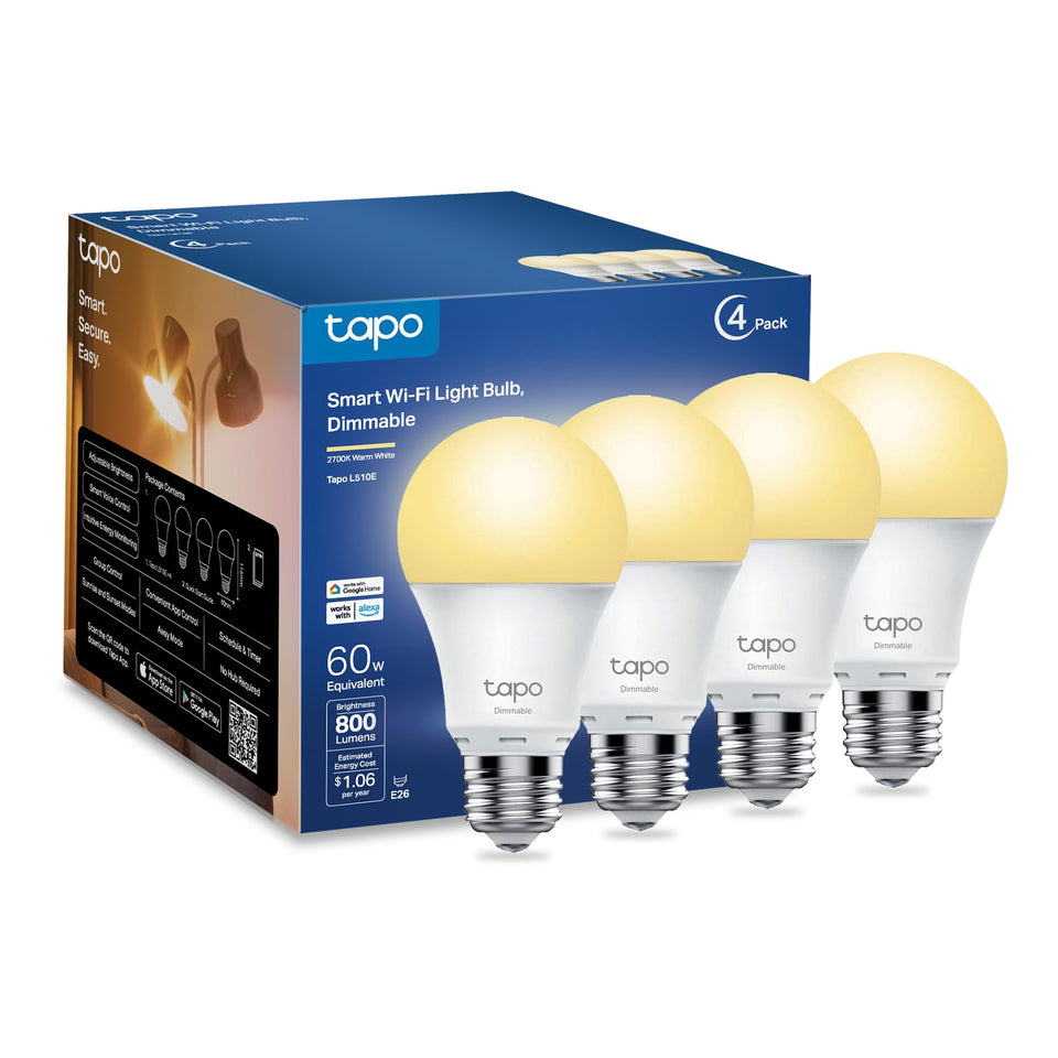 Tapo L510E smart bulb close-up with warm 2700K glow for cozy evenings.