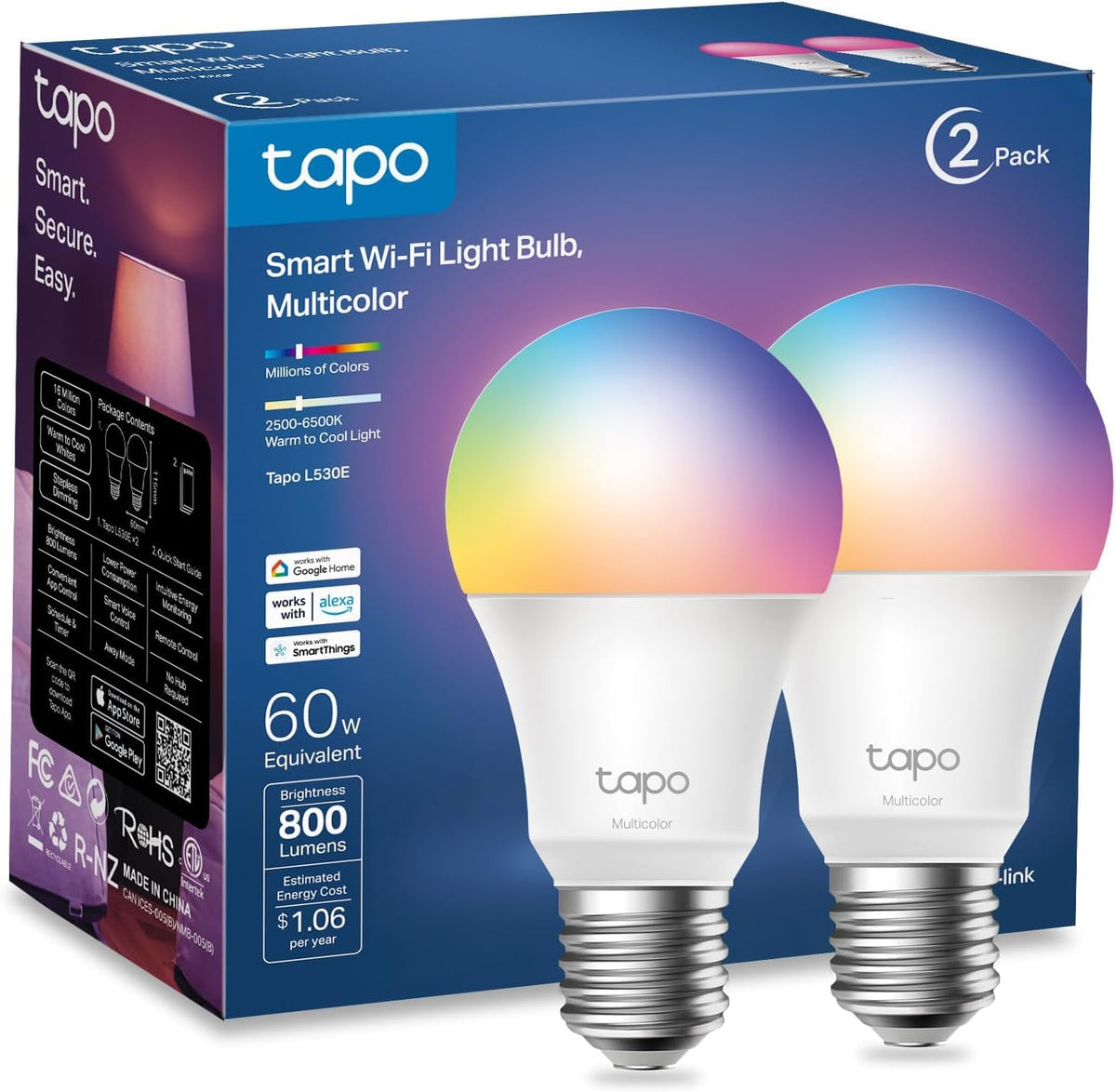 Tapo L530E color options show 16M hues for mood settings.