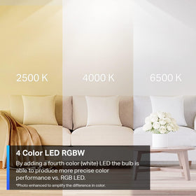 Tapo L530E true-white RGBW supports 2500K–6500K for tailored lighting.