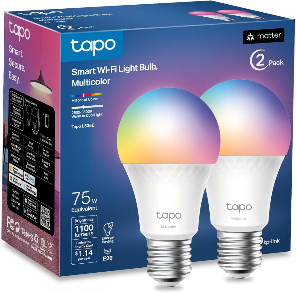 Tapo L535E 2-pack front view for bright, smart home lighting.