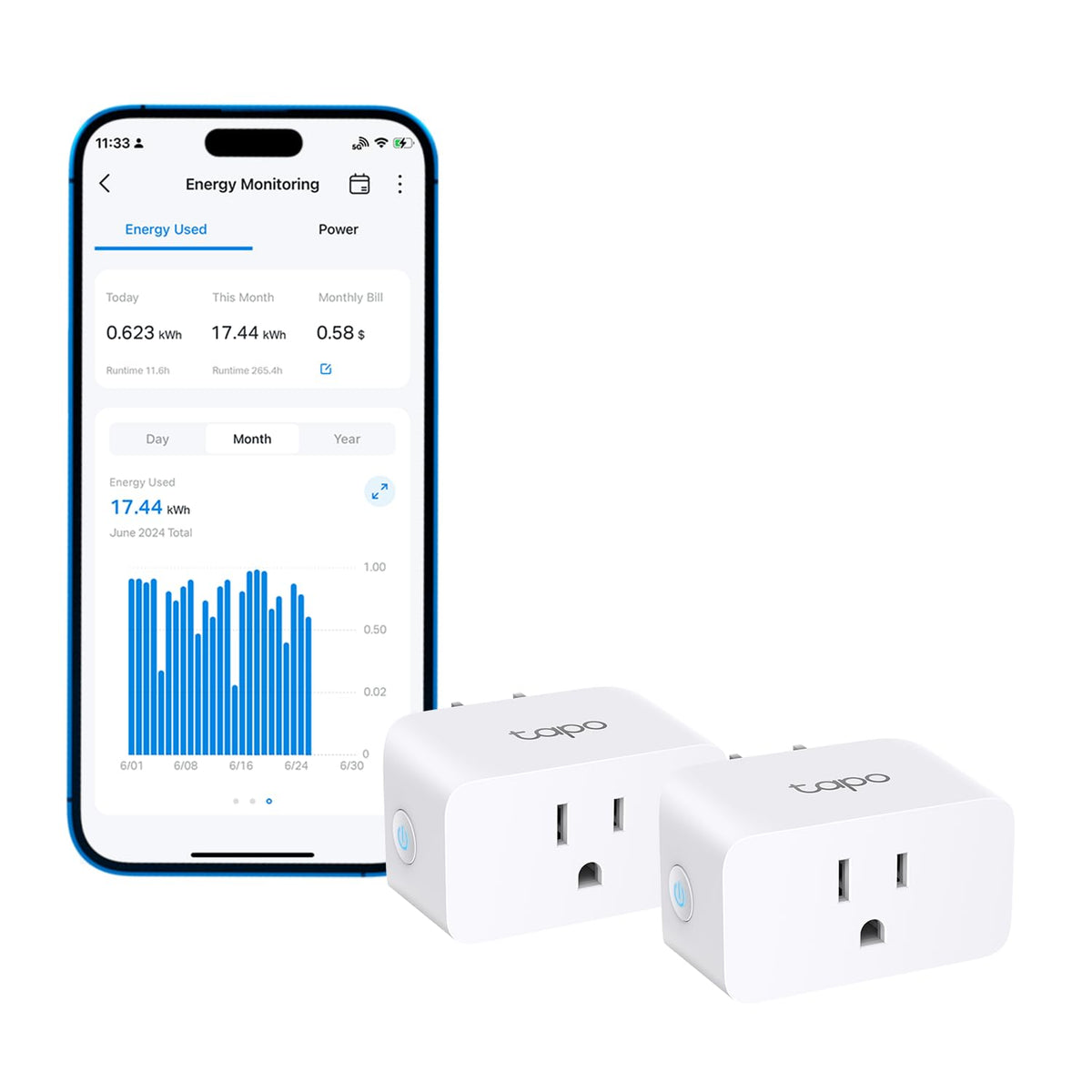 Tapo P115 energy monitoring front view with real-time usage insights.