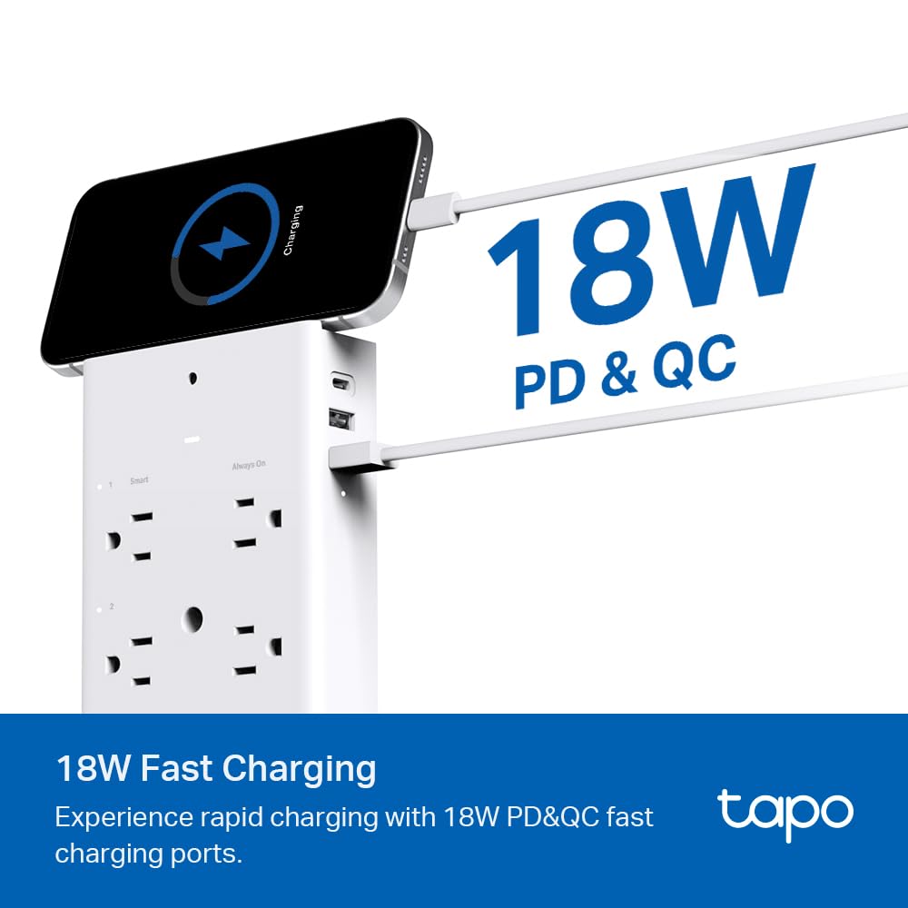 Tapo P306 18W USB charging powers devices quickly.