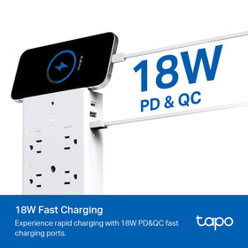 Tapo P306 18W USB charging powers devices quickly.