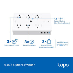 Tapo P306 wide-spaced outlets prevent blocking for large plugs.