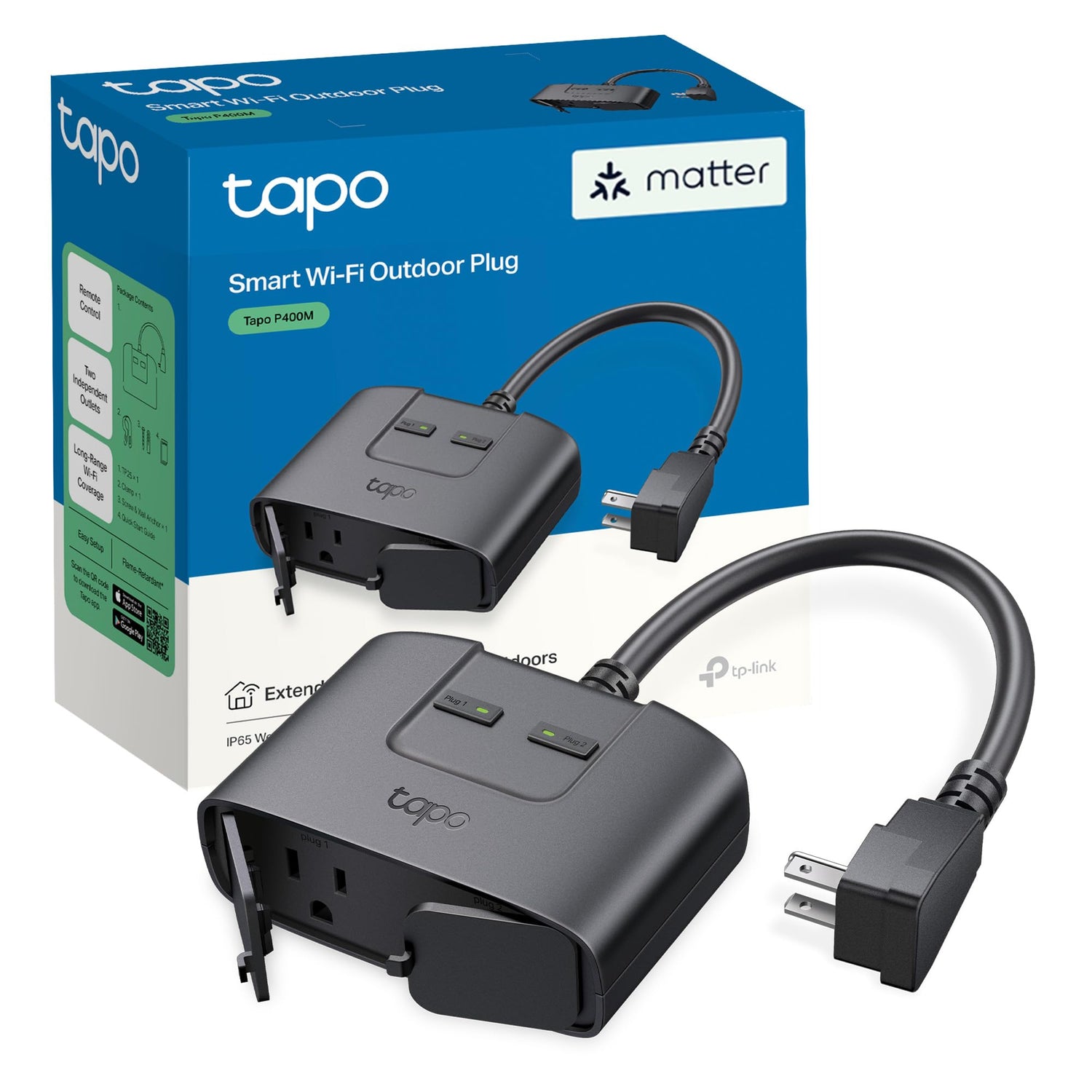 Tapo P400M outdoor dual-outlet plug for independent device control.