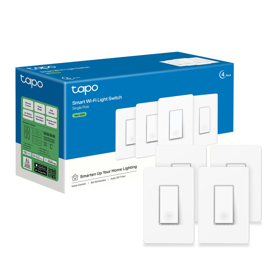 Tapo S500 setup guide showing app-guided installation and neutral wiring requirement.