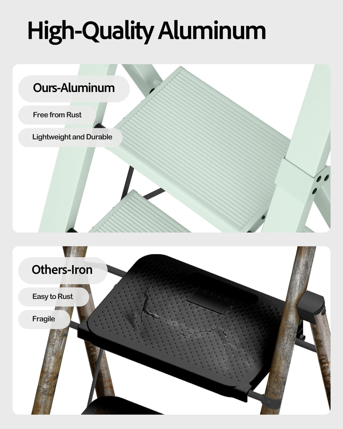 Taranta 3 Step Ladder in Fairyland Green, folded for compact storage.