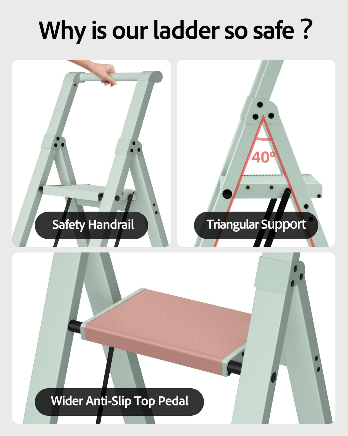 Taranta 3 Step Ladder with convenient handgrip for safe ascent.
