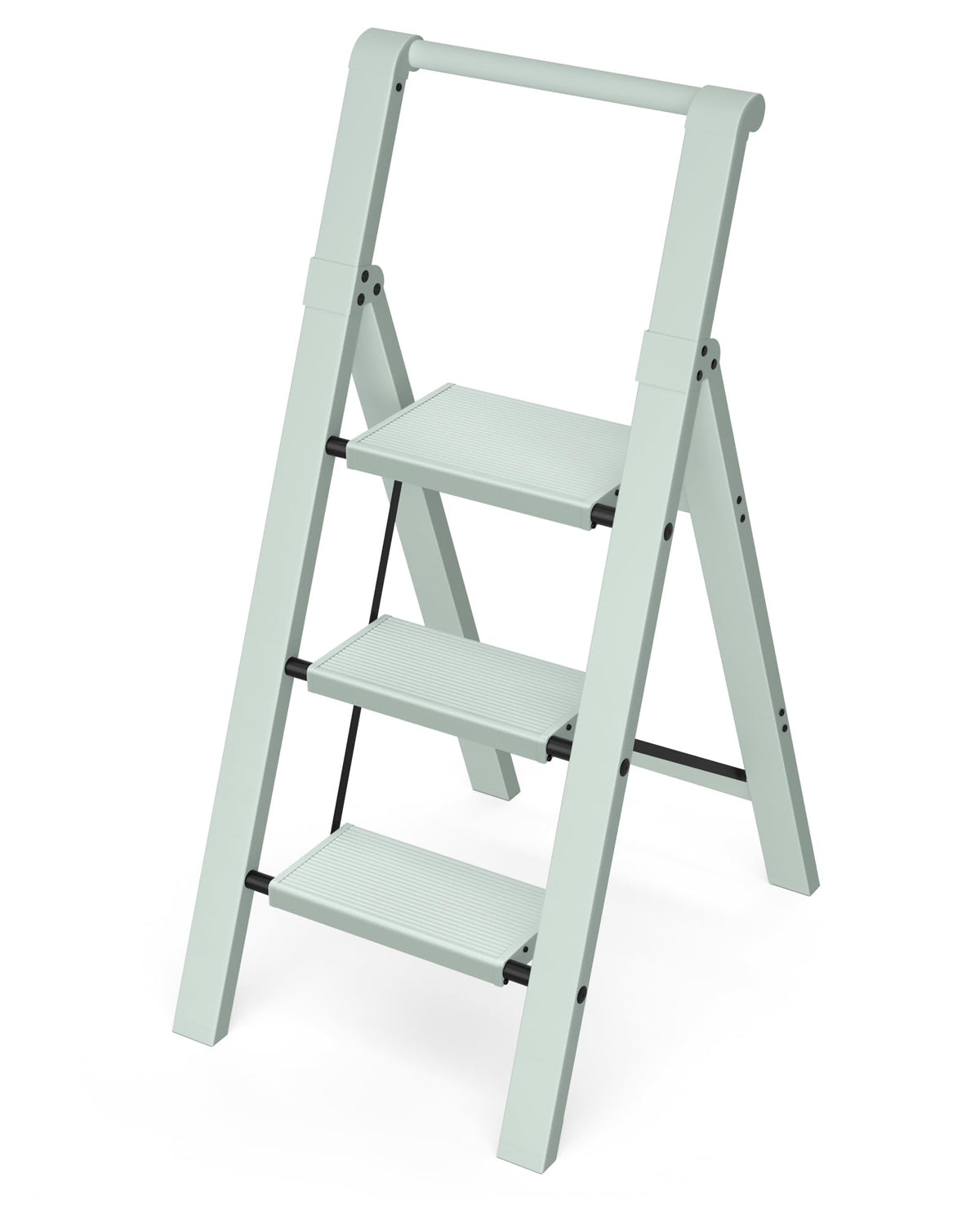 Taranta 3 Step Ladder in Fairyland Green, open for high reach and stability.