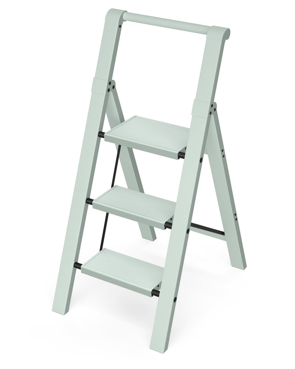 Taranta 3 Step Ladder in Fairyland Green, open for high reach and stability.