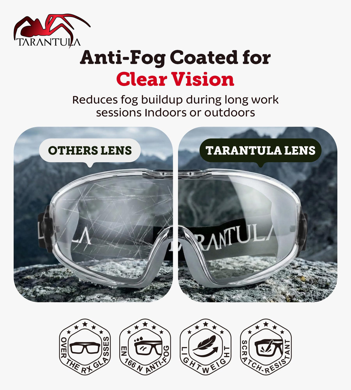 Tarantula anti-fog scratch lens reduces fog and wear.
