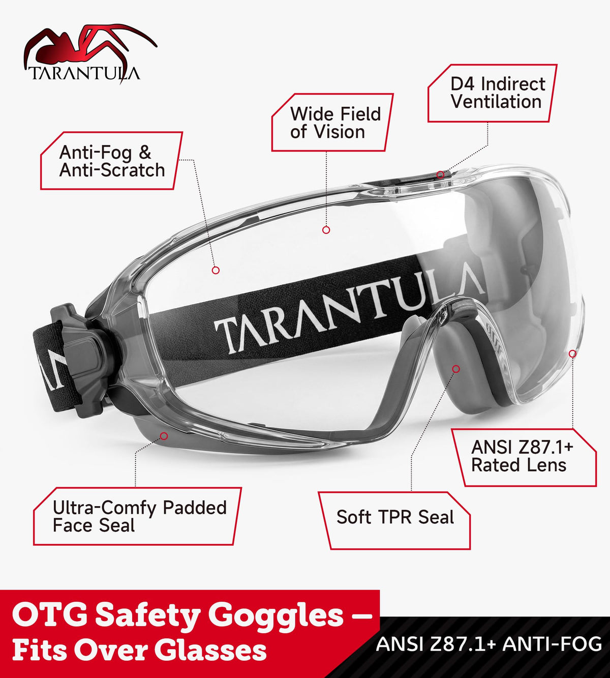 Tarantula safety goggles wide-view panoramic lens for better task awareness.
