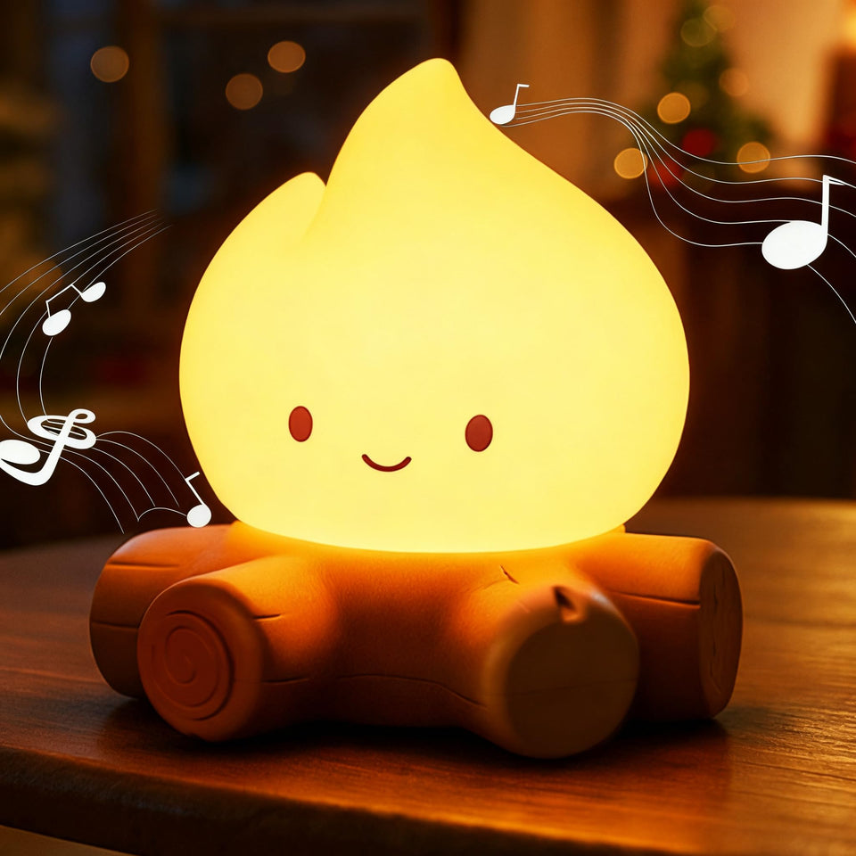 Tarinks Campfire Night Light with flame effect adds cozy indoor ambiance.