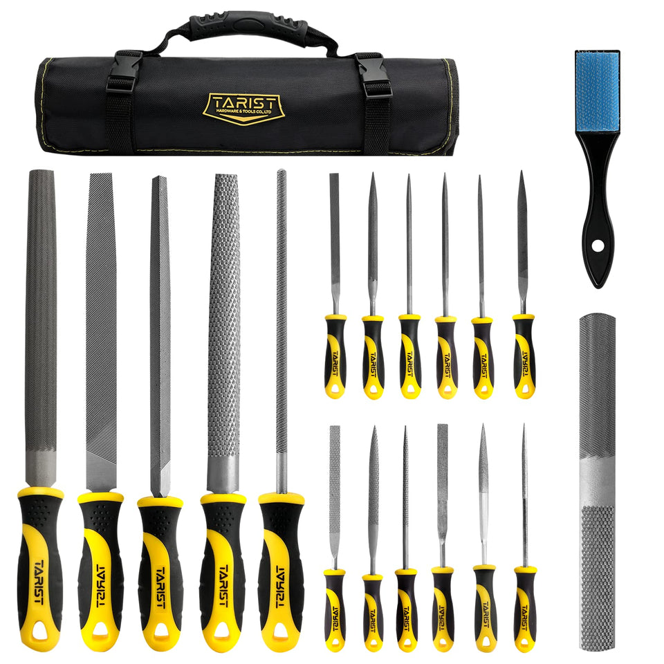 Tarist 19pcs file set with flat file in a compact tool bag for precise metal shaping.
