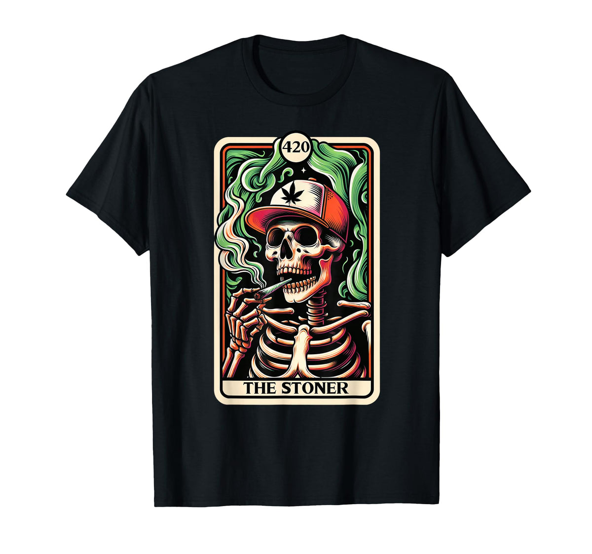 Tarot Card The Stoner Weed Lover Skeleton Cannabis 420 T-Shirt, front view, casual wear