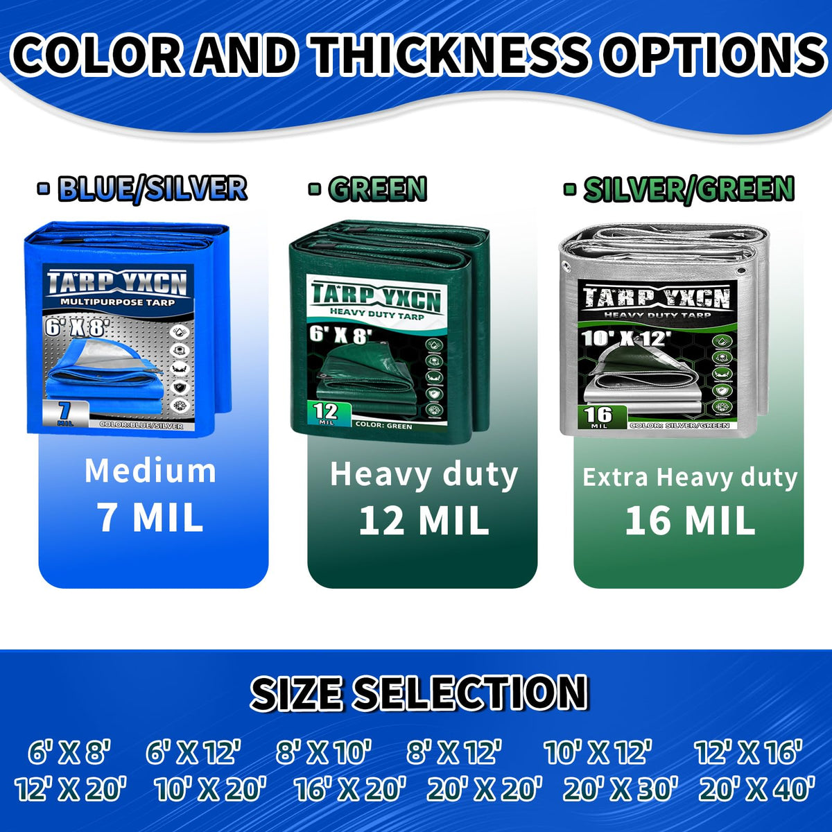 TA*RP YXCN tarp shows 7 mil thickness for rugged outdoor use.
