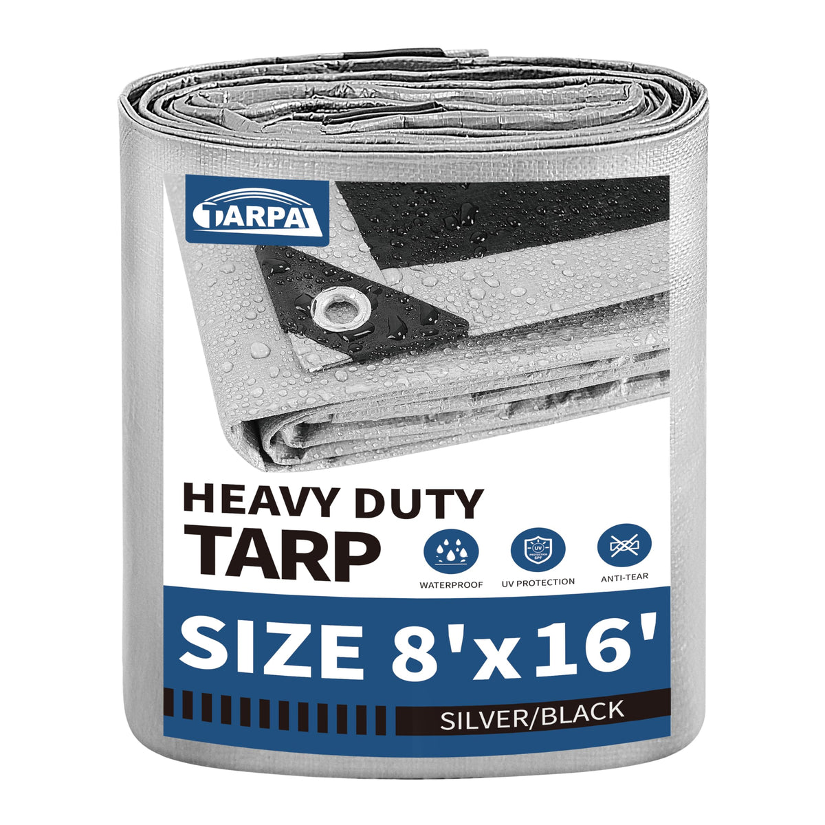 TARPAL 8x16 silver tarp demonstrating reliable weather protection for outdoor gear.