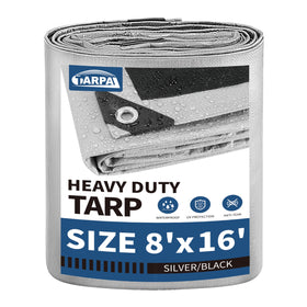 TARPAL 8x16 silver tarp demonstrating reliable weather protection for outdoor gear.