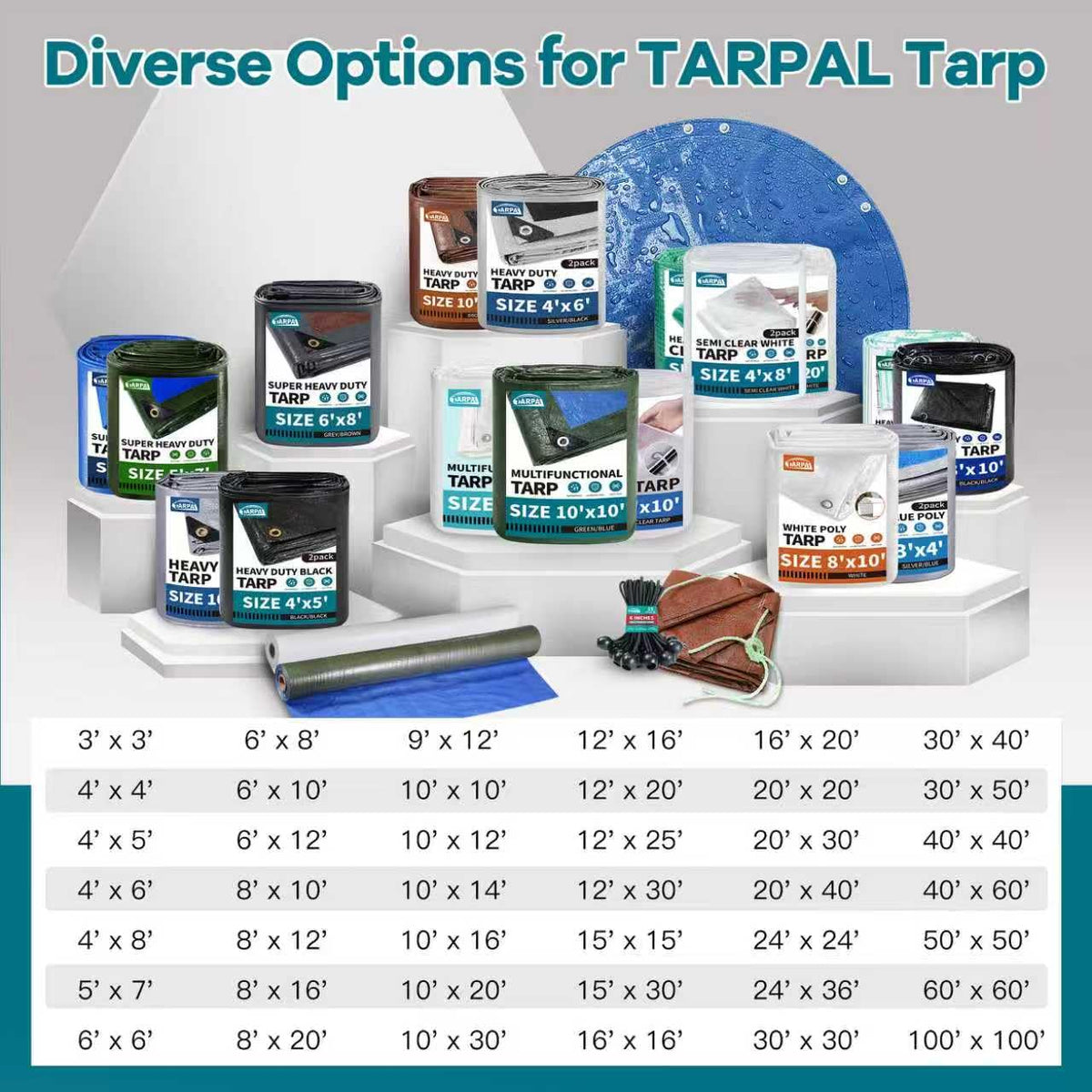 TARPAL camping or pool use tarp supports outdoor activities.