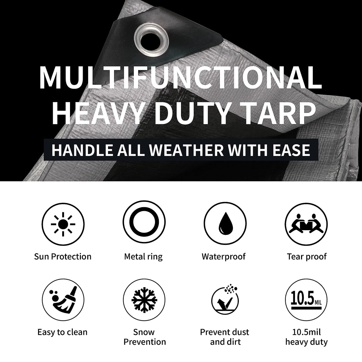 TARPAL 10.5mil heavy-duty tarp in silver and black protects gear.