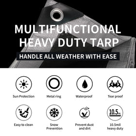 TARPAL 10.5mil heavy-duty tarp in silver and black protects gear.