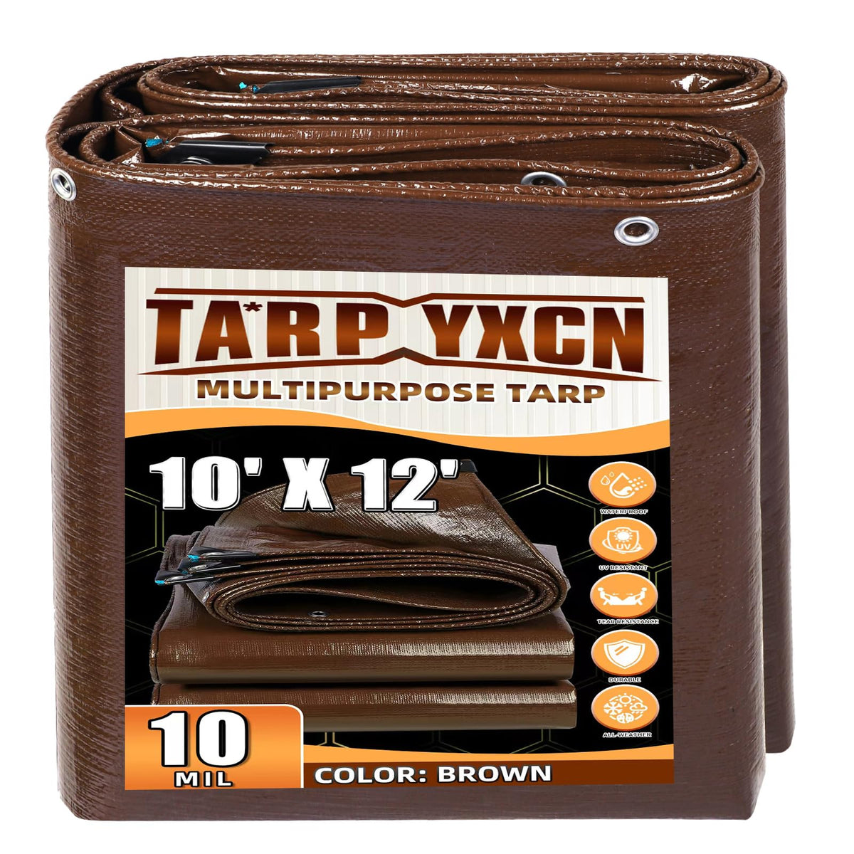 TA*RP YXCN brown tarp 10x12 laid flat for durable outdoor furniture coverage.