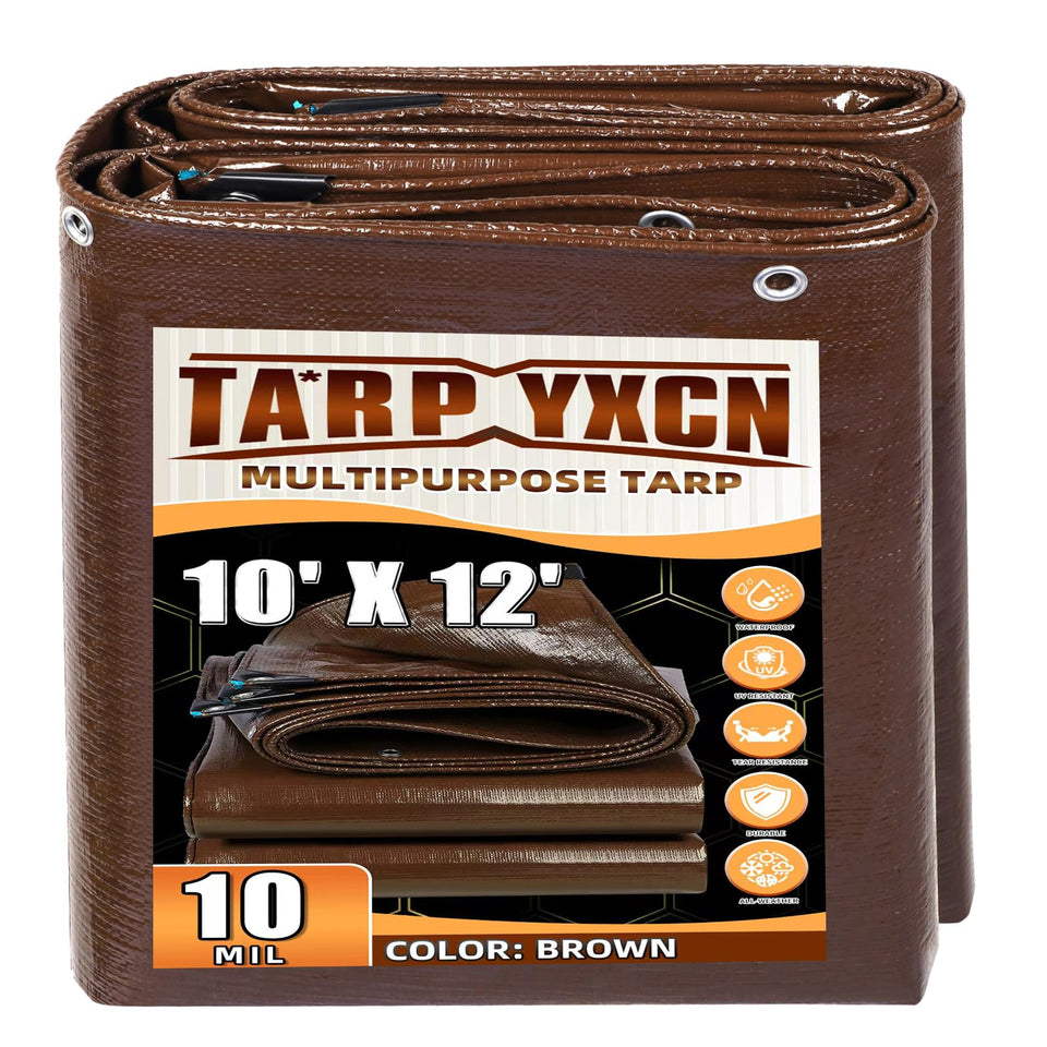 TA*RP YXCN brown tarp 10x12 laid flat for durable outdoor furniture coverage.